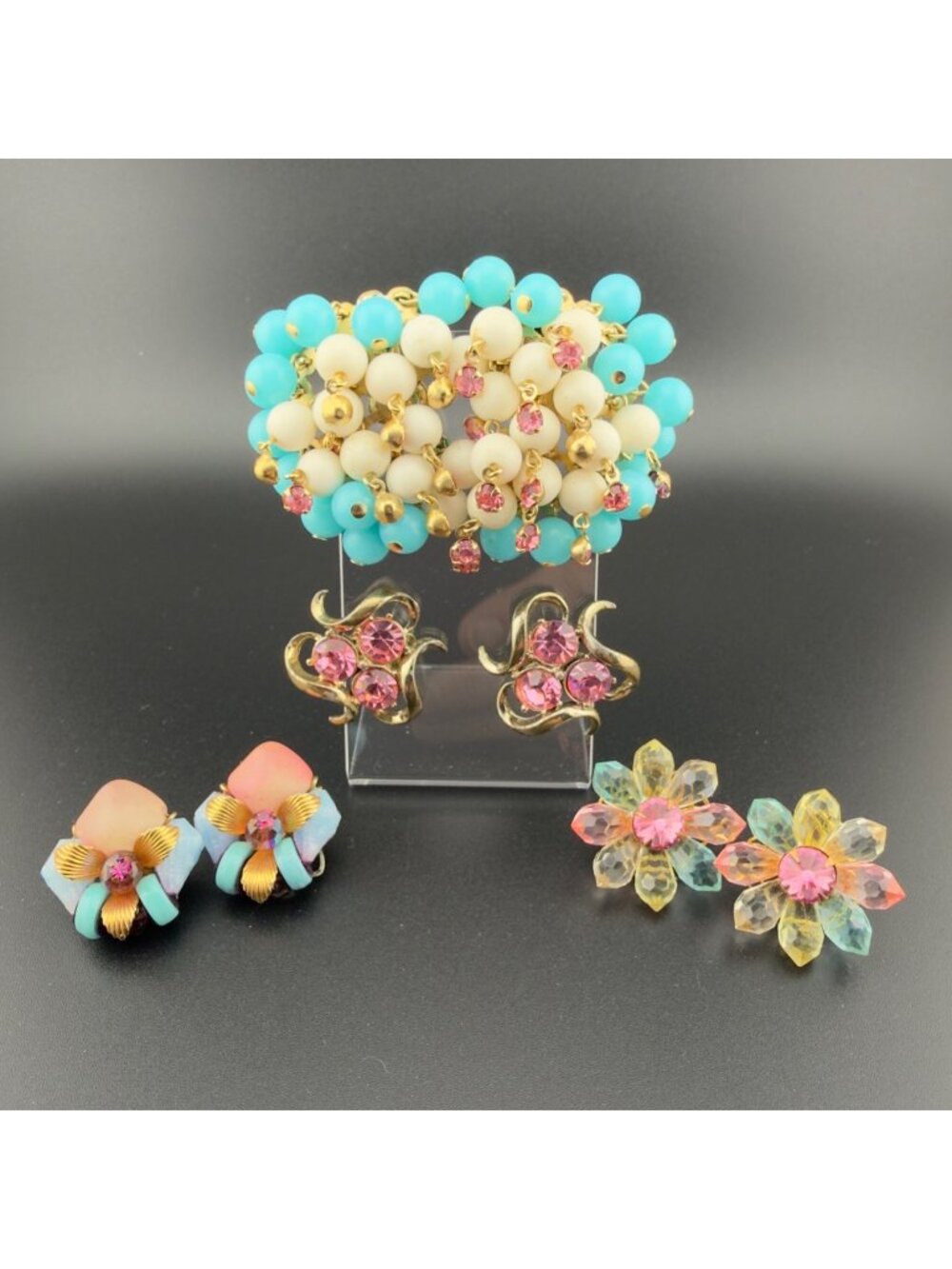Vintage Clip On Earrings Lot Cha Cha Rhinestone Beads Pink Blue Gold Tone Pastel